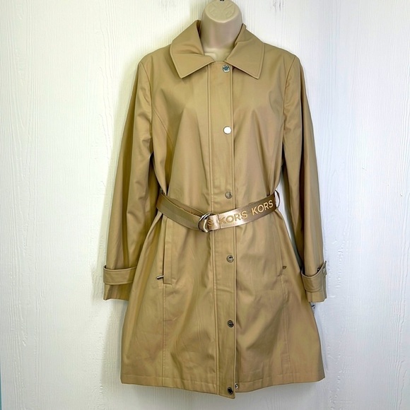 Michael Kors - NWT Khaki Button And Zip Long Collared Trench Coat Size Petite LG - Picture 1 of 16